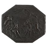 ITALIAN SCULPTOR, 17TH CENTURY THE HOLY FAMILY Bronze bas-relief with black patina. Measures cm.