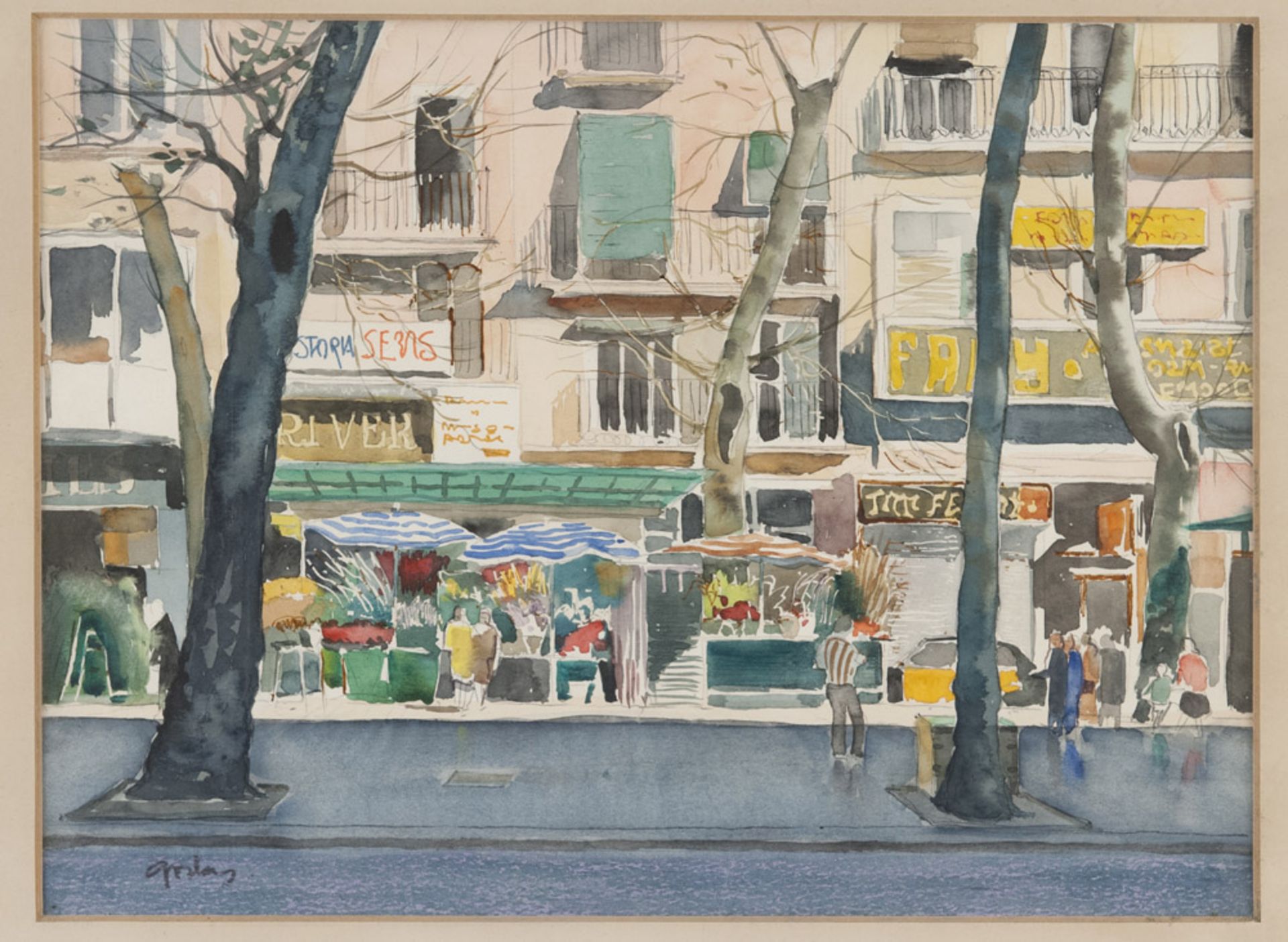 JOSÈ GODAY (Barcellona 1914) Ramblas, Barcellona, 1984 Watercolor on paper, cm. 32 x 46 JOSÈ
