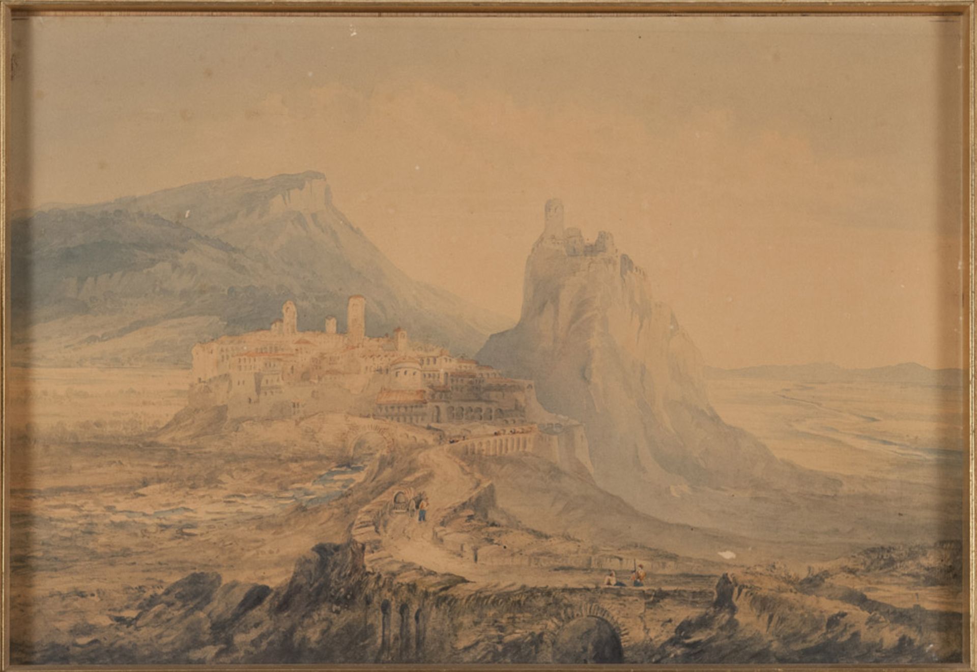 ITALIAN PAINTER, 19TH CENTURY LANDSCAPE WITH VIEW OF BAGNOREGIO Watercolor on cardboard, cm. 38 x 56