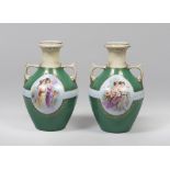 A PAIR OF PORCELAIN VASES, PROBABLY VIENNA EARLY 20TH CENTURY green enamel and polychrome with genre