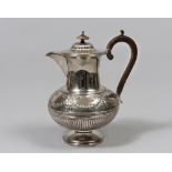 BEAUTIFUL SILVER TEAPOT, LONDON 1895 circular body, engraved with garlands, drapes and flakes.