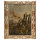 DUTCH PAINTER, ACTIVE IN ITALY, 18TH CENTURY LANDSCAPE WITH BROOK, BRIDGE AND SHEPHERDS GALANT SCENE