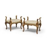 PAIR OF GILTWOOD STOOLS, NAPLES, ANTIQUE ELEMENTS with a rectangular seat, with curved carved shapes