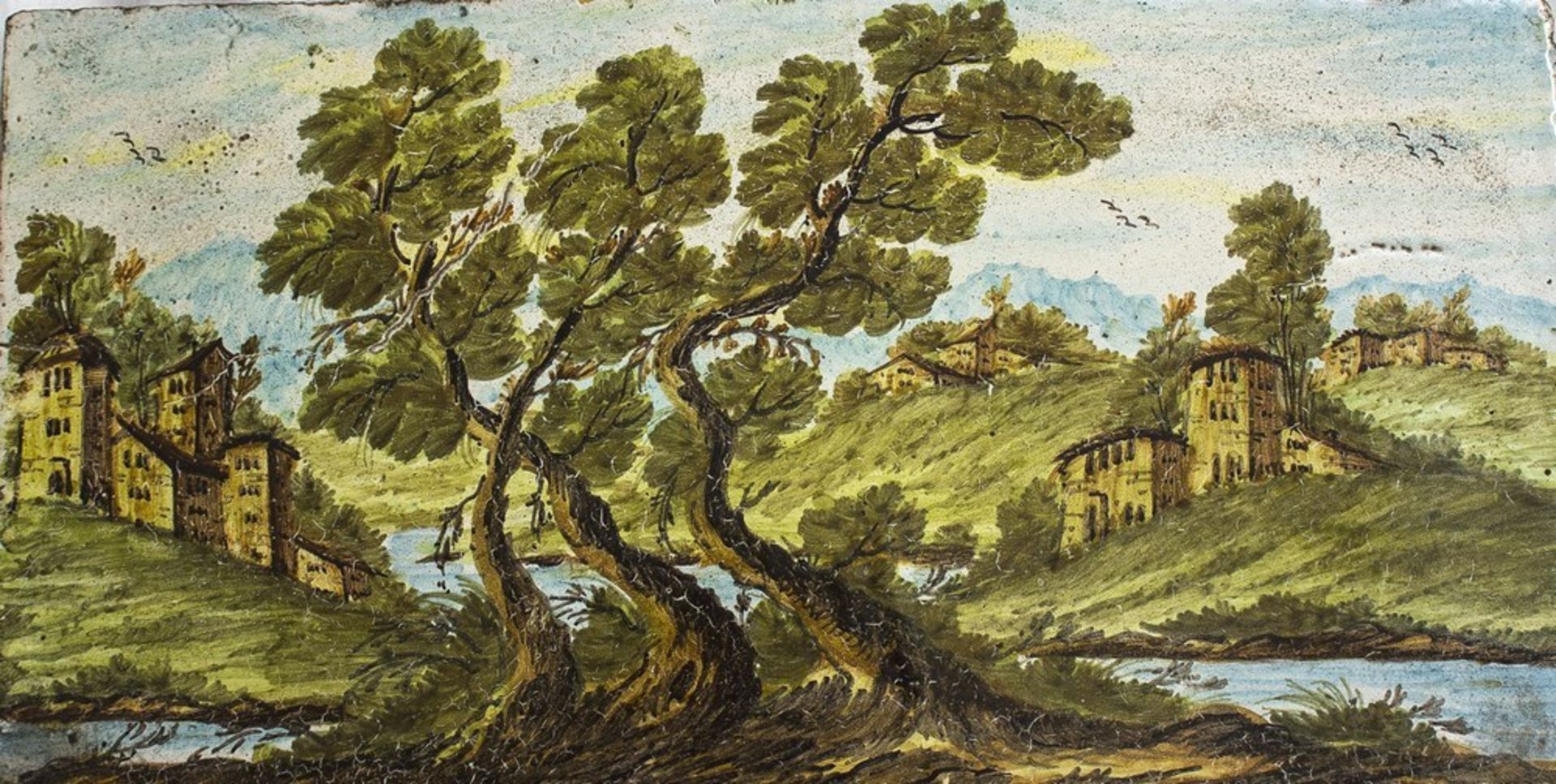 Majolica tile, Castelli early 20th century With Polychrome enamels, with a fluiviale landscape