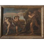 Emilian painter, 17th century POLYPHEMUS HURLS A STONE UPON ACIS AND GALATEA Oil on canvas, cm. 69 x