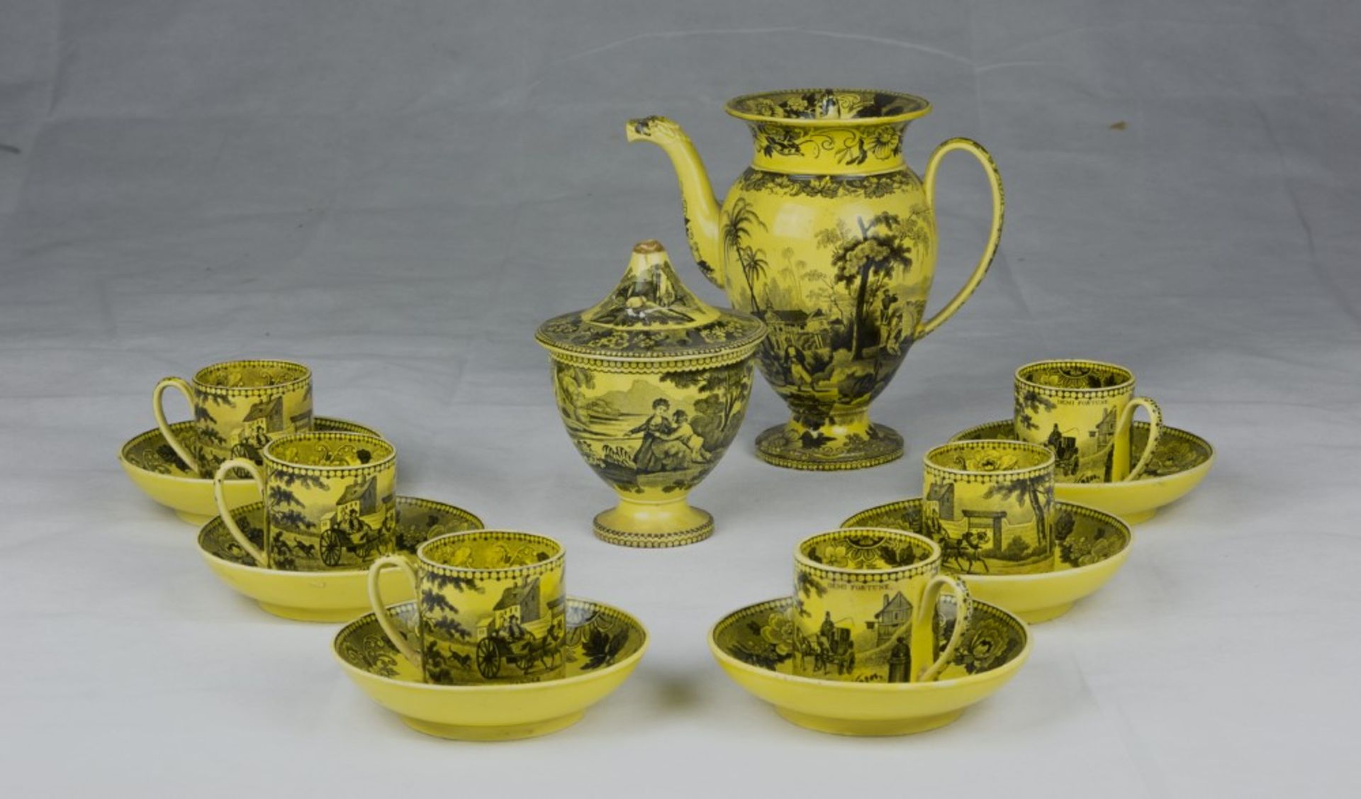 BEAUTIFUL CERAMIC CUPS SERVICE, FRANCE 19TH CENTURY yellow and black monochrome glaze decorative