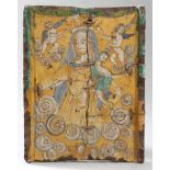 TILE OF DERUTA, LATE 18TH CENTURY in majolica, enamelled polychromes on a yellow background,