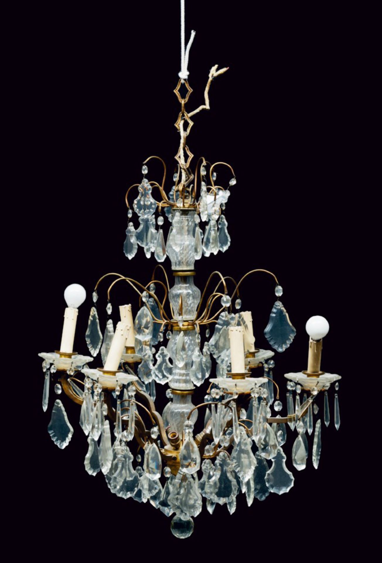 SMALL GILDED METAL CHANDELIER, 19TH CENTURY six arms with cut glass drops pendant. Measures cm. 75 x