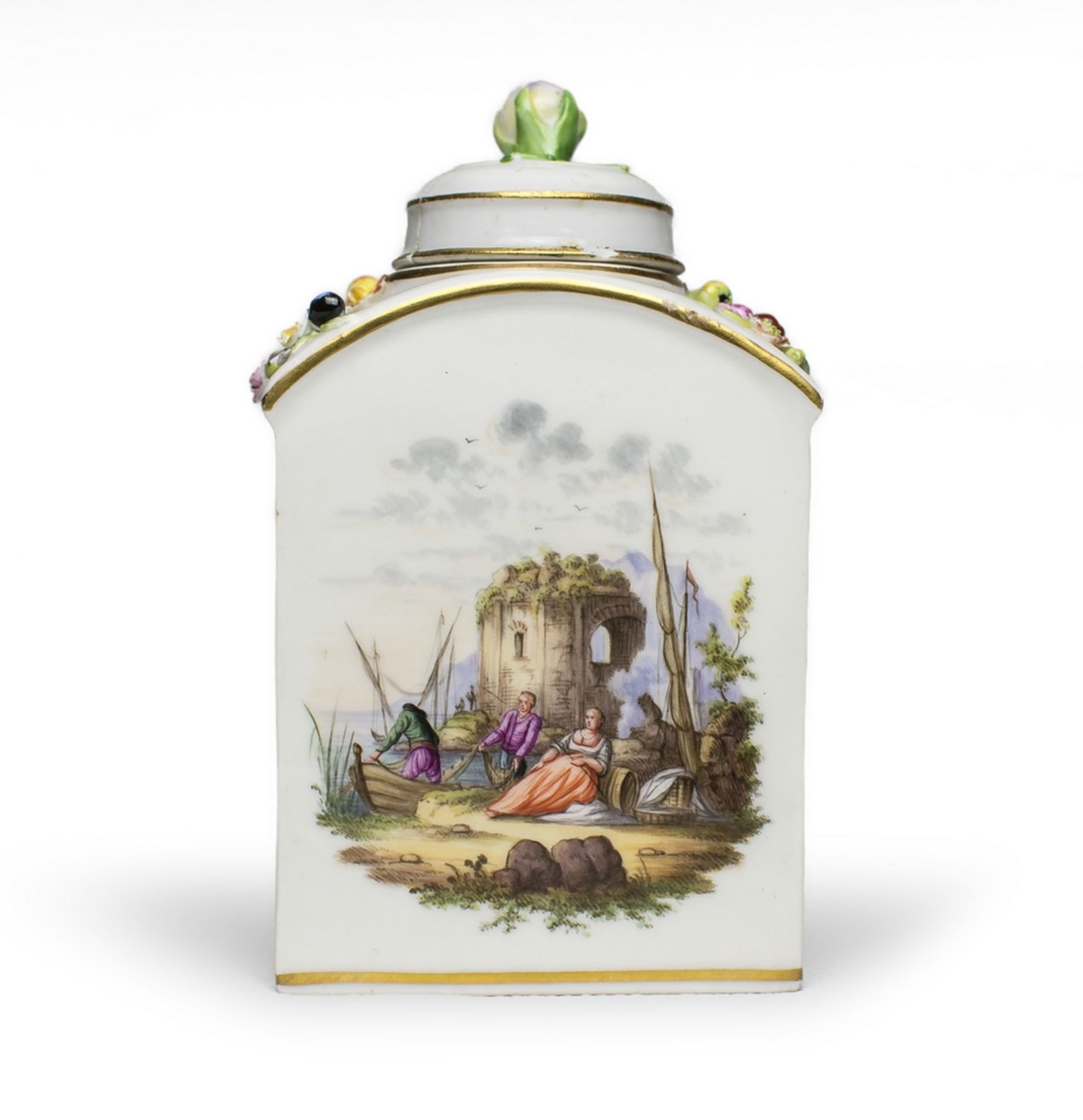 Porcelain Flask, Meissen early 19th century With white and polychromatic enamel, with decorations in