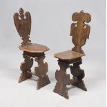 TWO WOOD CHAIRS, 17TH CENTURY with backed backs and scrolls. Flat sectional balusters. Measures