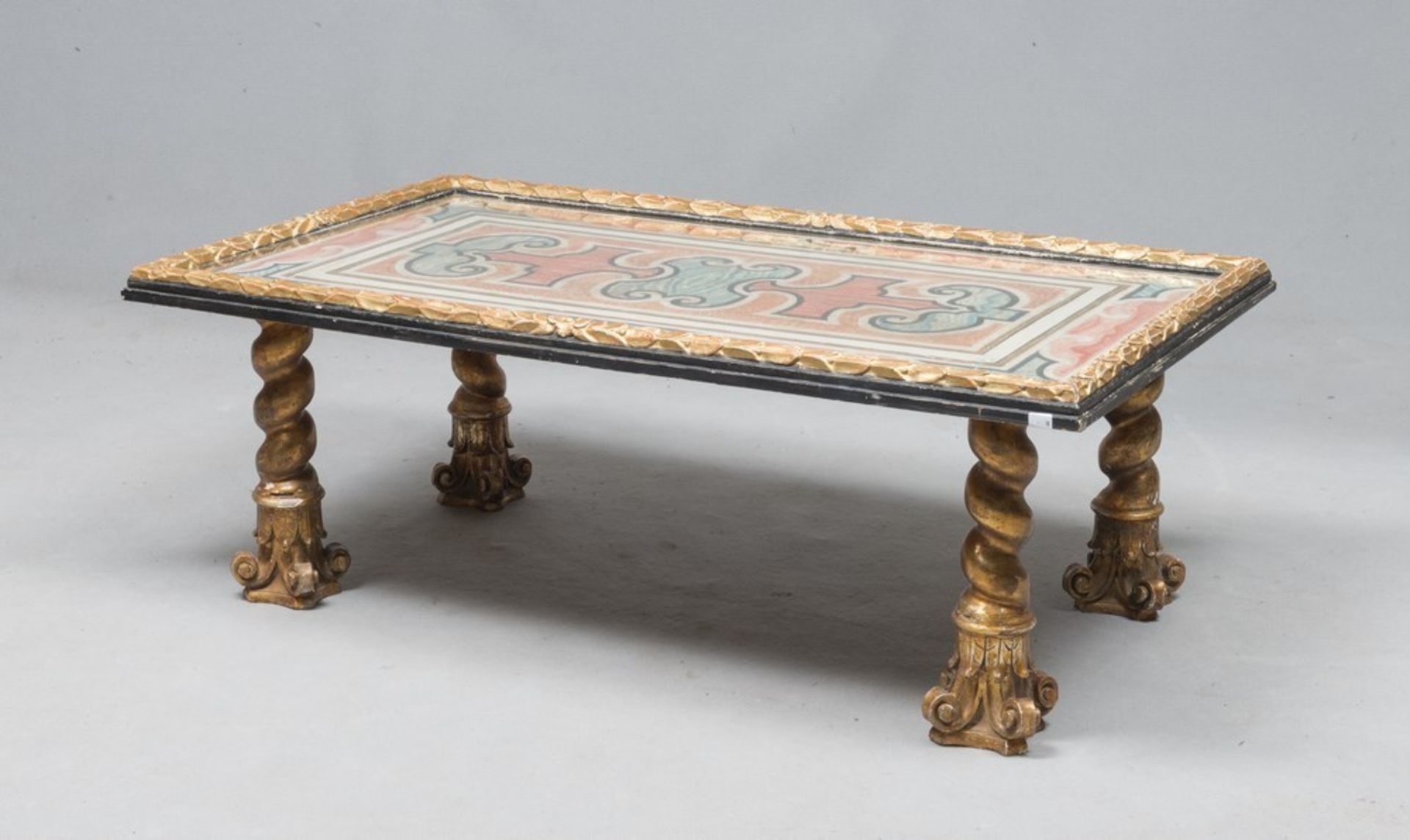 LAQUERED WOOD TABLE, ANTIQUE ELEMENTS ornaments in polychrome and fake marbles. Lace wreath frame,
