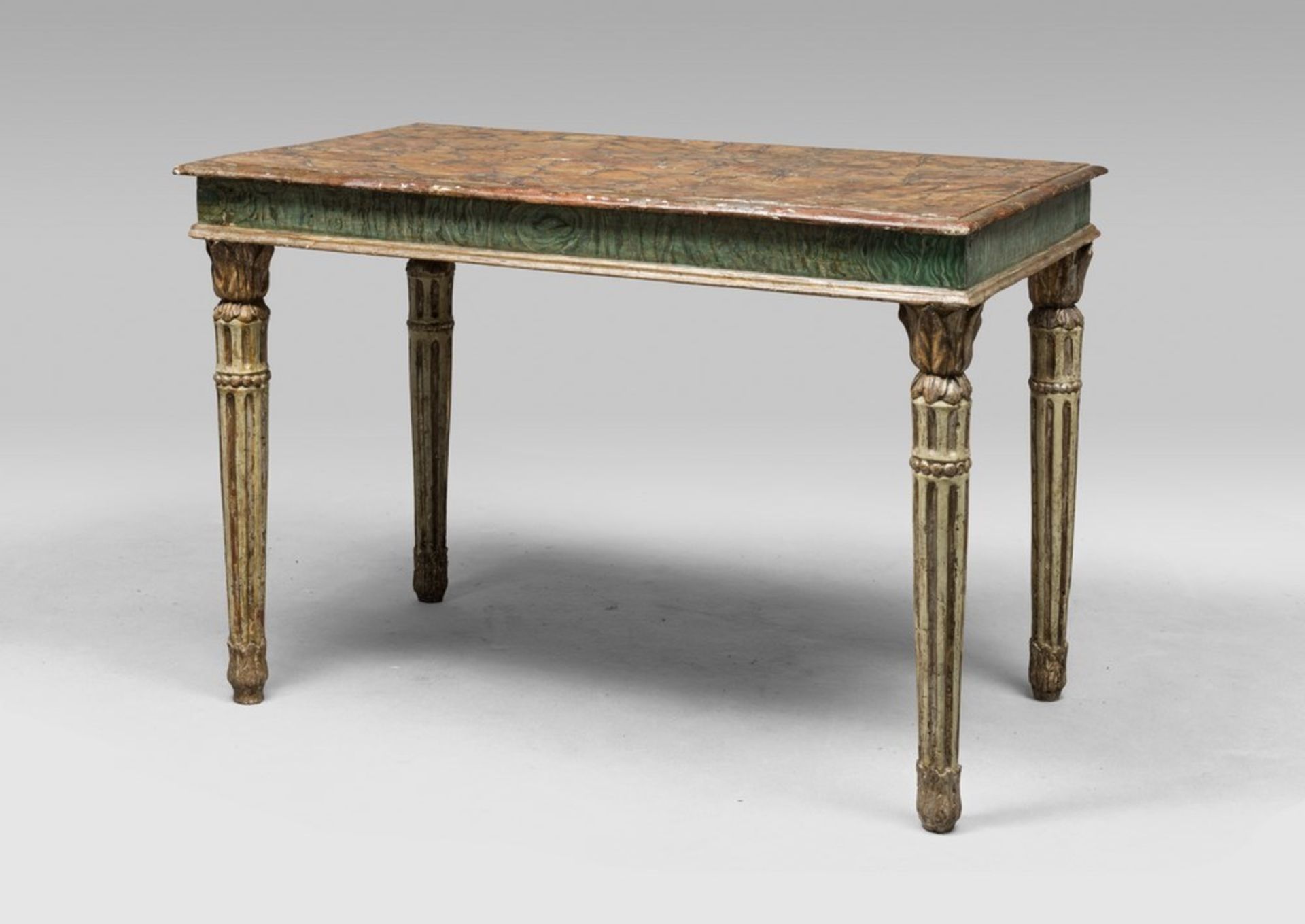 LACQUERED WOOD TABLE, CENTRAL ITALY 18TH CENTURY with rectangular planes with fake African marble.