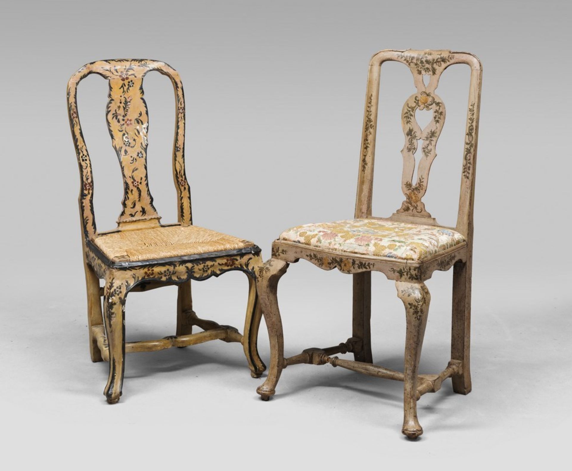 TWO LACQUERED WOOD CHAIRS, LOMBARDY OR PIEDMONT, 18TH CENTURY with cream lacquer finish, entirely