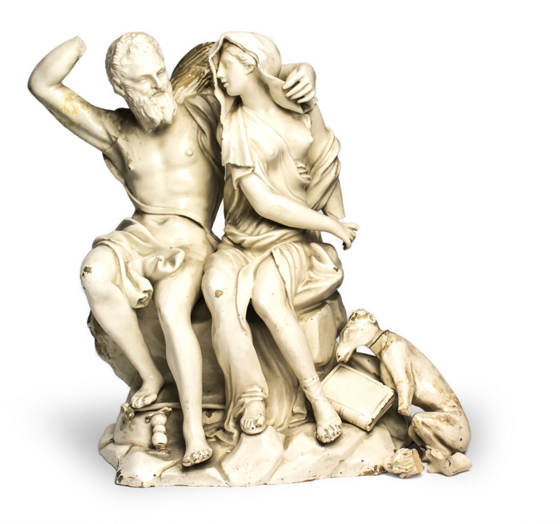 EARTHENWARE GROUP, PROBABLY EARLY 19TH CENTURY NAPLES entirely white enamel, depicting an allegory