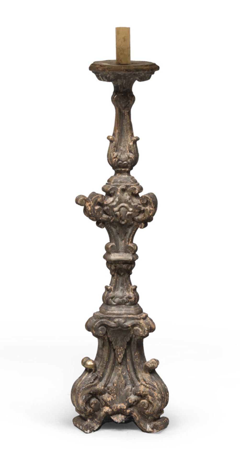 GILTWOOD FLOOR-LAMP, ROME 18TH CENTURY with carved scalloped stems and leaves and triangular foot of