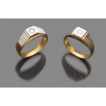 TWO RINGS FOR MEN in 18 kt yellow gold, set with central brilliants. Brilliant ct. About 0.40, total