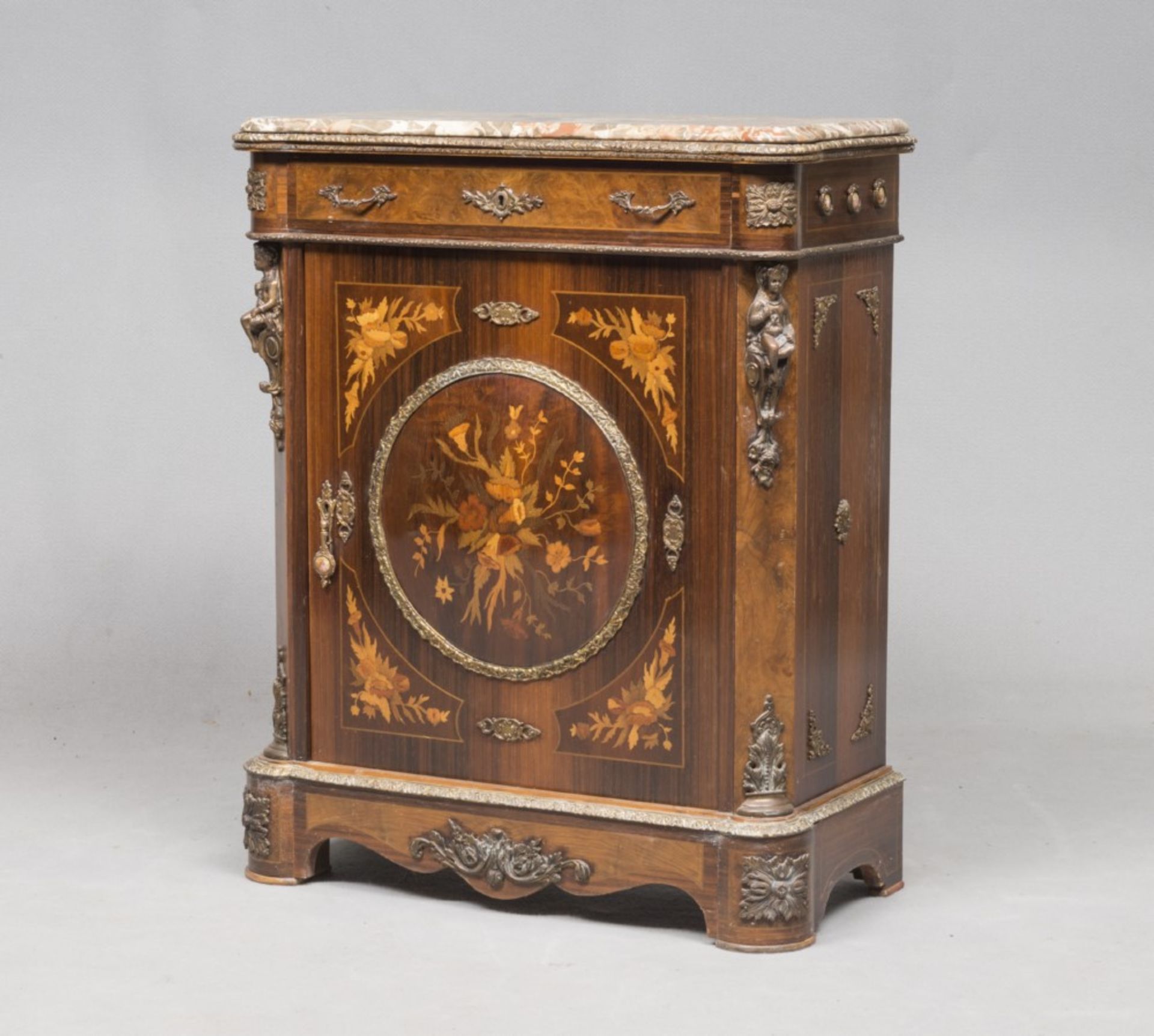 BEAUTIFUL ROSEWOOD SIDEBOARD, PROBABLY FRANCE 19TH CENTURY with inlaid wooden vegetable fruit. Front