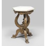 GILTWOOD TABLE, ROME 19TH CENTURY with hexagonal white marble top. Legs and feet shaped and carved