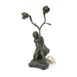 BRONZE DOUBLE CANDELSTICK, 19TH CENTURY a black patina, with cherubic figure frame supporting the