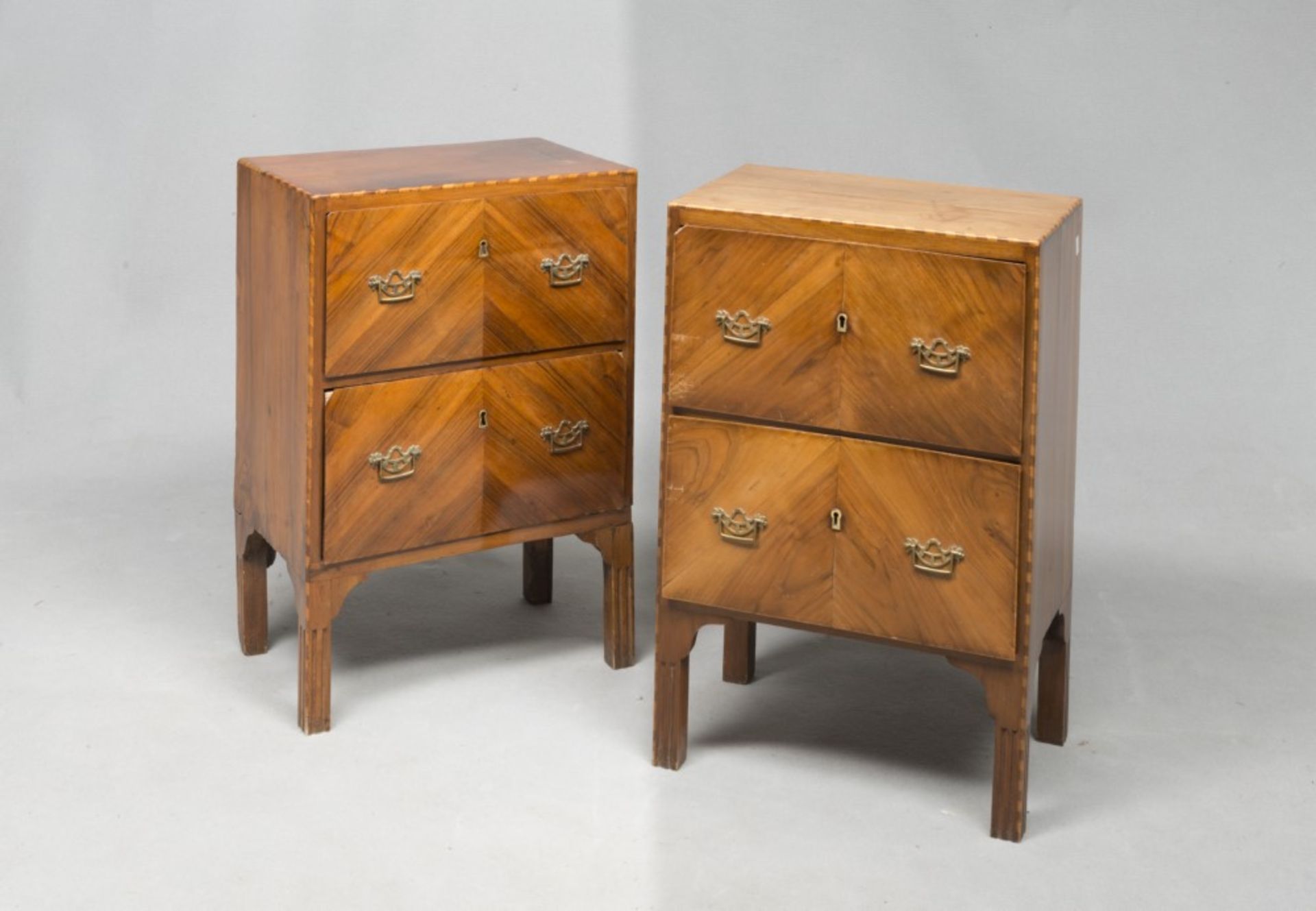 PAIR OF CHERRY NIGHTSTANDS, EMILIA EARLY 19TH CENTURY with boxwood and ebony purple tabby threads.