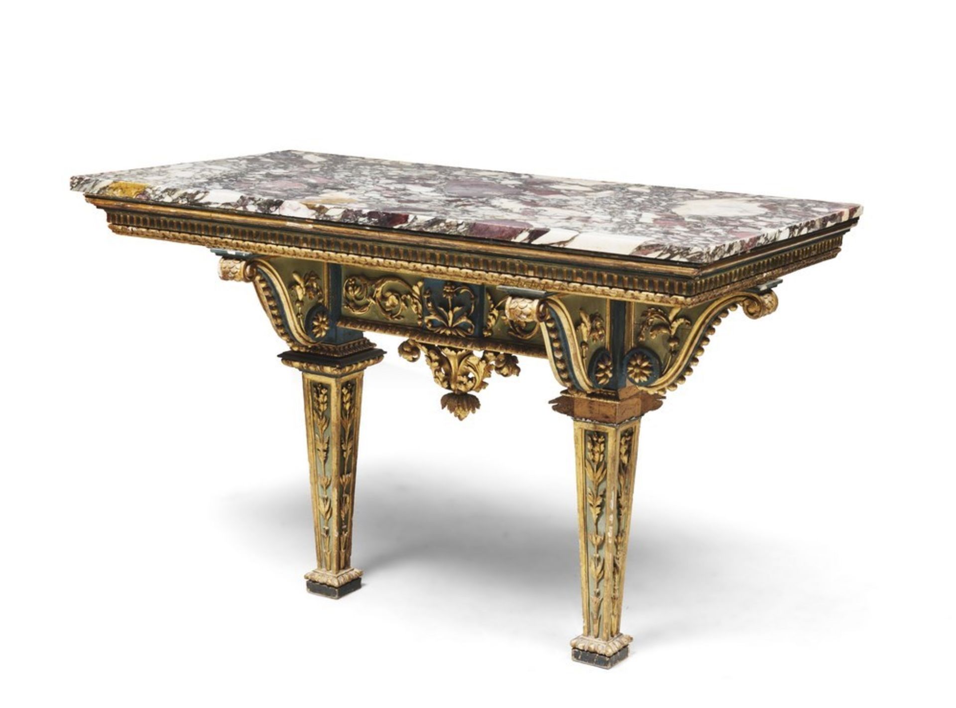 BEAUTIFUL LACQUERED WOODEN CONSOLES, 19TH CENTURY of Louis XIV style, light green, dark green and