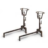 PAIR OF WROUGHT IRON ANDIRONS, 18TH CENTURY with hot pierced and curved feet. Dimensions cm. 60 x 65