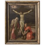 FOLLOWER OF PONTORMO, 16TH CENTURY CRUCIFIED CHRIST WITH VIRGIN AND MARY MAGDALEN Oil on board,