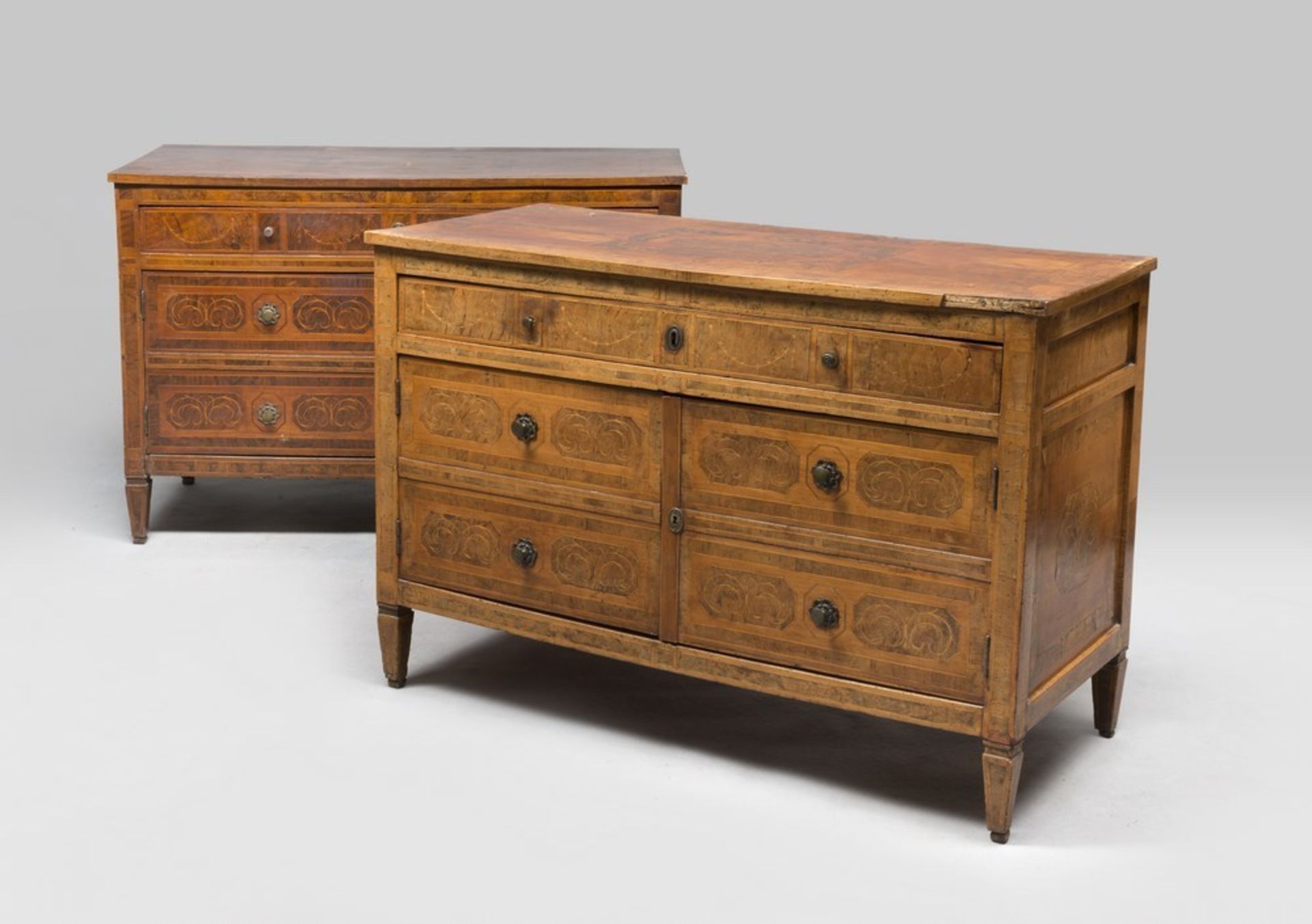 RARE PAIR OF WOODEN COMMODES, FERRARA LATE 18TH CENTURY with top and foreheads inlaid with ferns