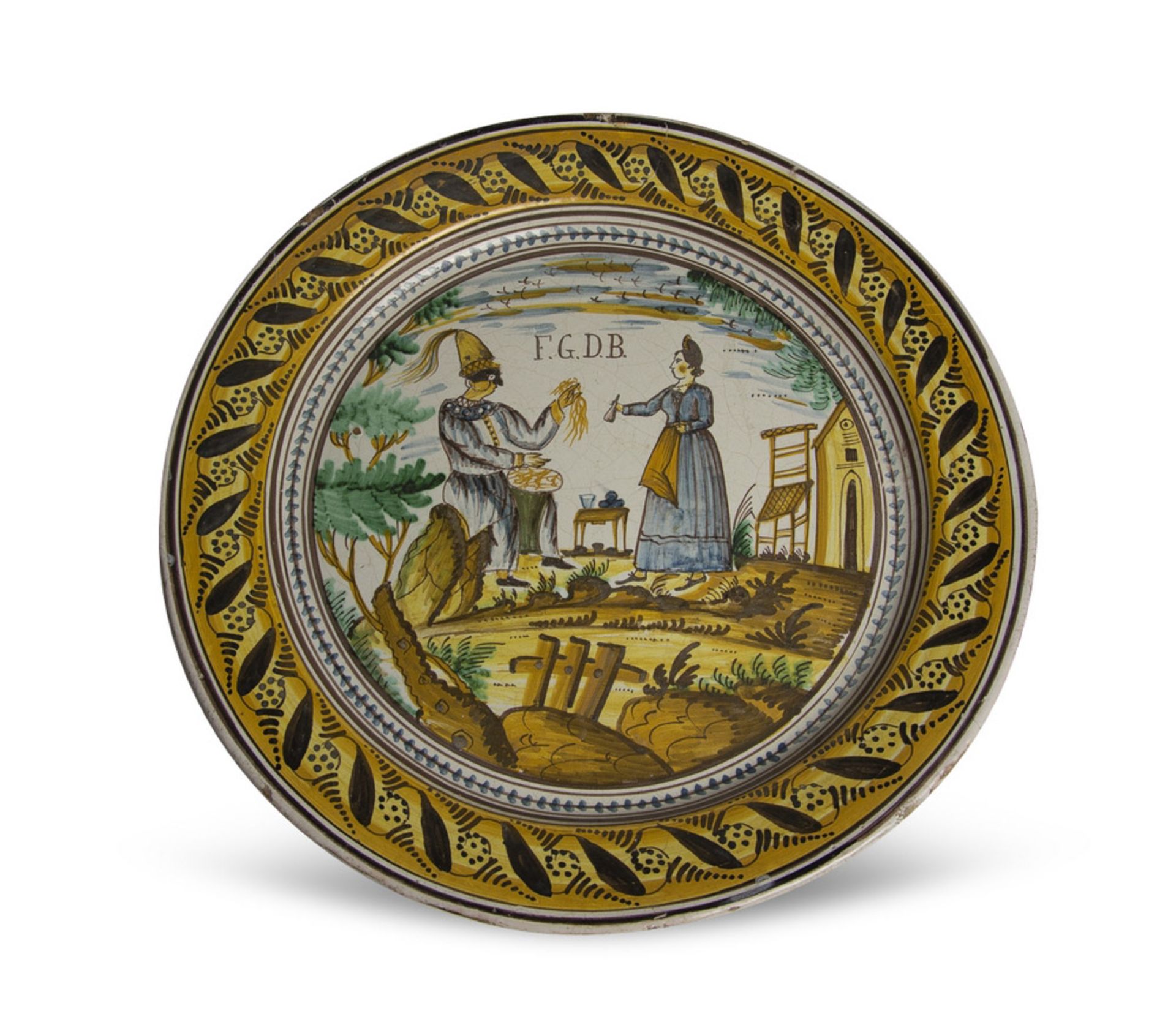 MAJOLICA DISH, SOUTH ITALY 19TH-CENTURY decorated with landscape with punch and woman. Brim