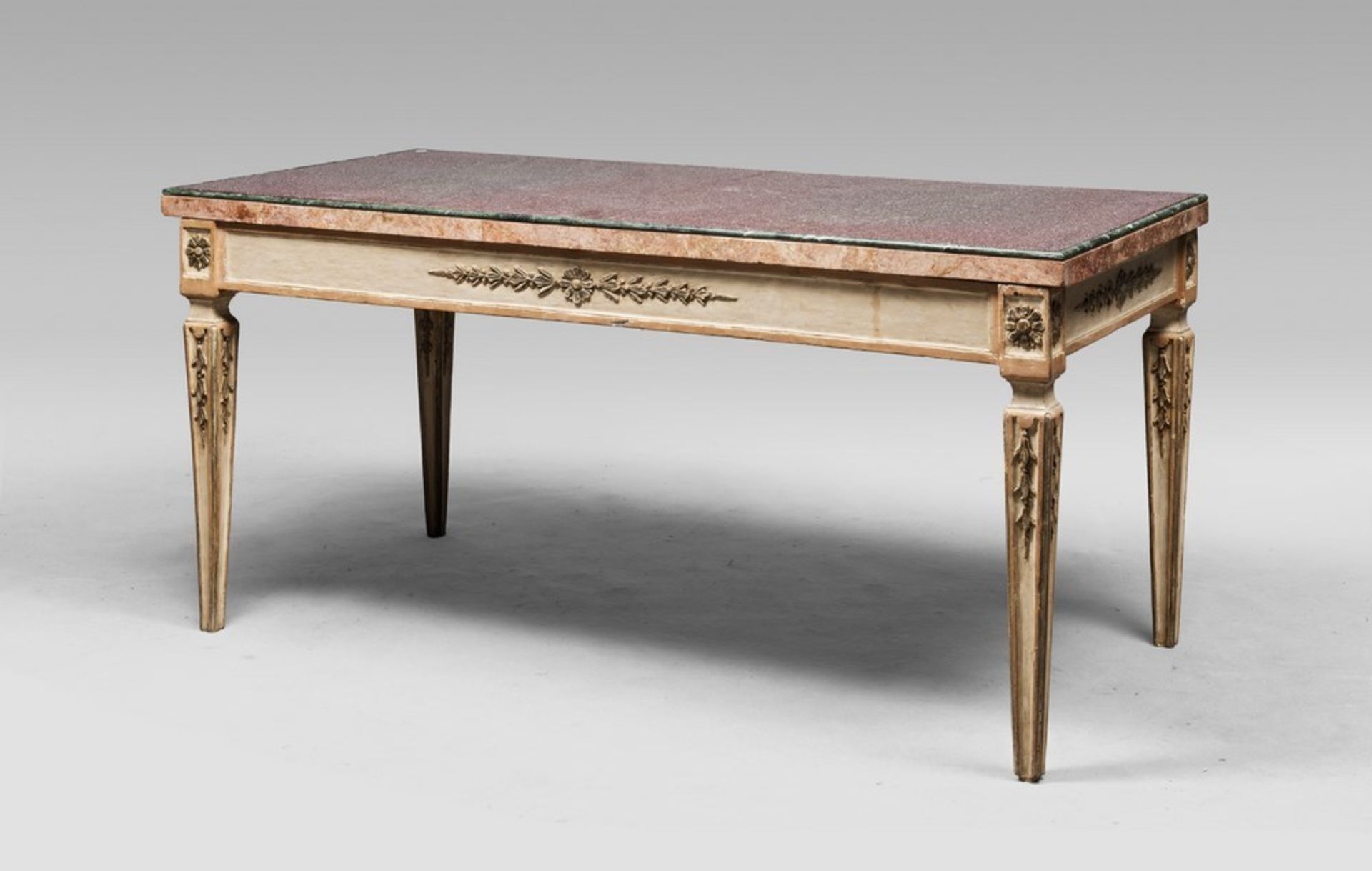 LACQUERED WOOD TABLE, NAPLES LATE 18TH CENTURY with white lacquer finishes and gold trim. Granite