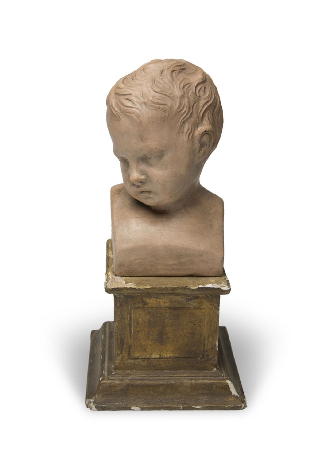 SMALL EARTHENWARE HEAD, EARLY 20TH CENTURY complete with gilded wooden base. Measures cm. 20 x 11