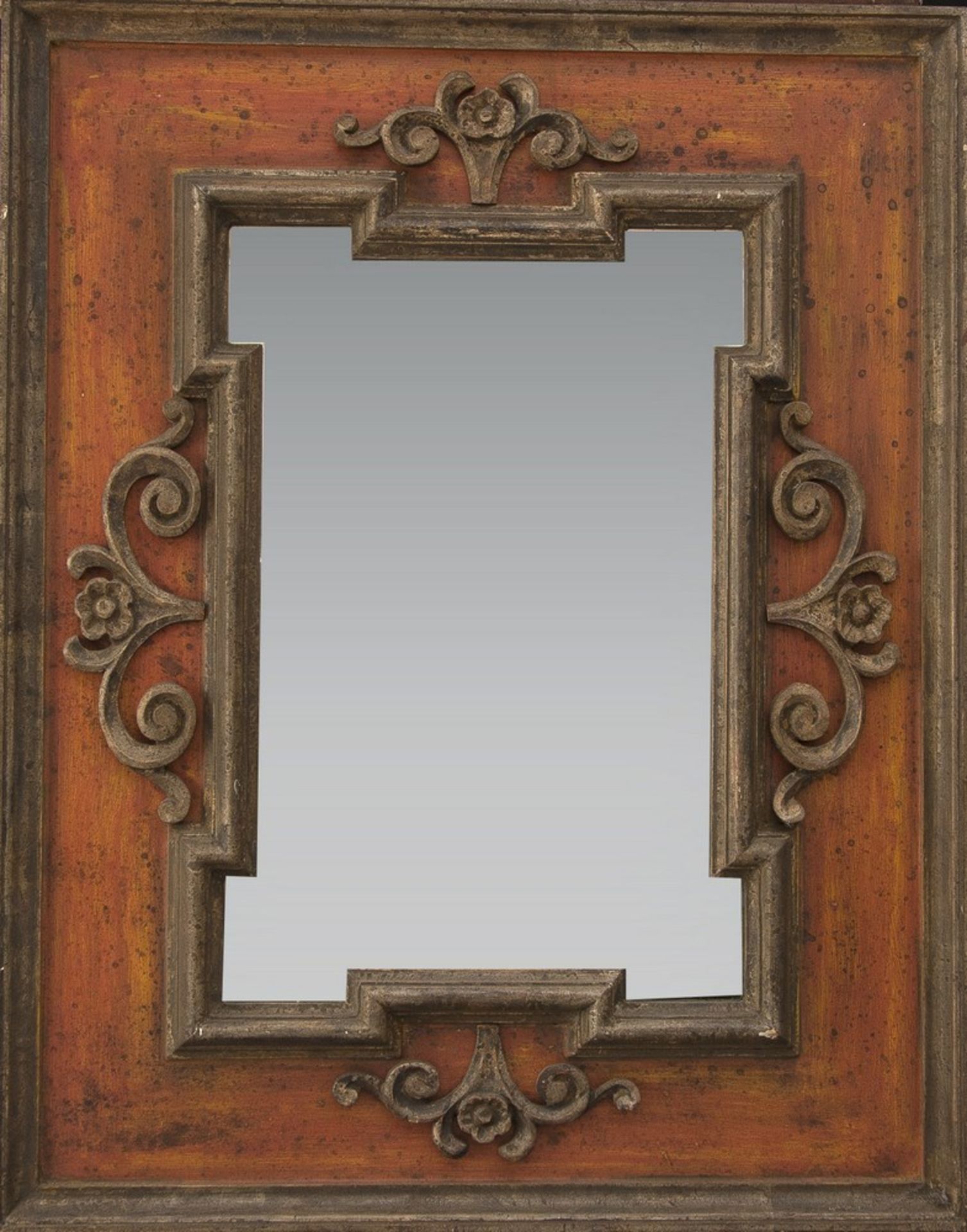 LACQUERED WOODEN MIRROR, 20TH CENTURY of seventeenth-century taste, with red and gold lacquer