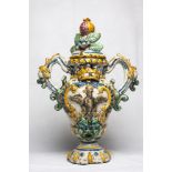 MAJOLICA VASE WITH LID, SICILY 19TH CENTURY white enamel and polychrome, with embossed decorative