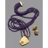 PAIR OF EARRINGS AND NECKLACE five-strand of amethysts, with 18 kt yellow gold clasp. with an