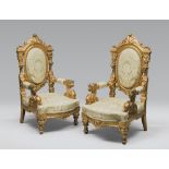 PAIR OF GILDED ARMCHAIRS, PROBABLY ROME, 19TH CENTURY architectural Medallion carved backs,