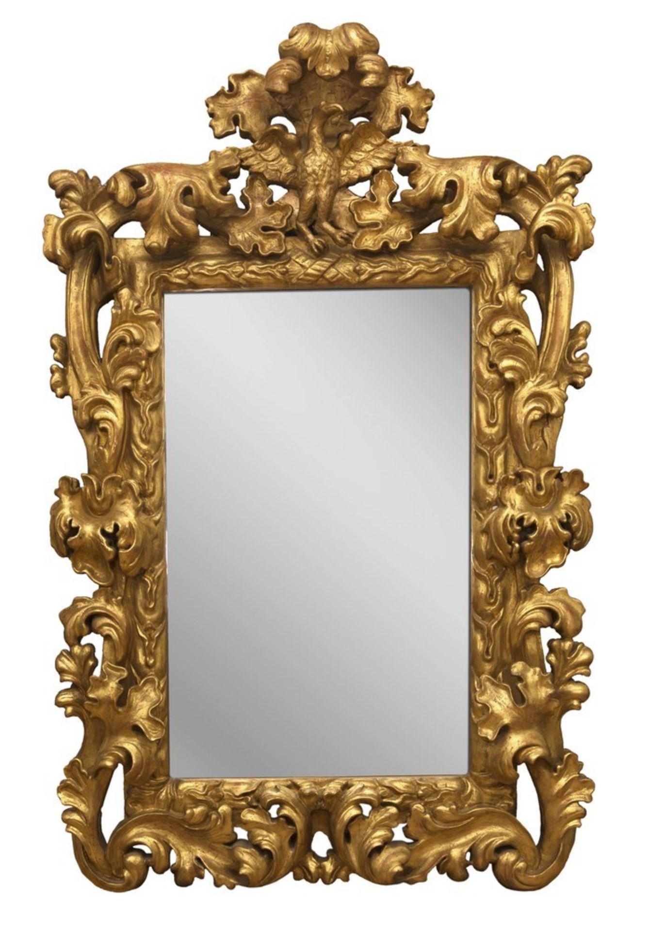 Beautiful gilded wooden mirror, Rome or Sicily 18th century With frame entirely carved to volutes,