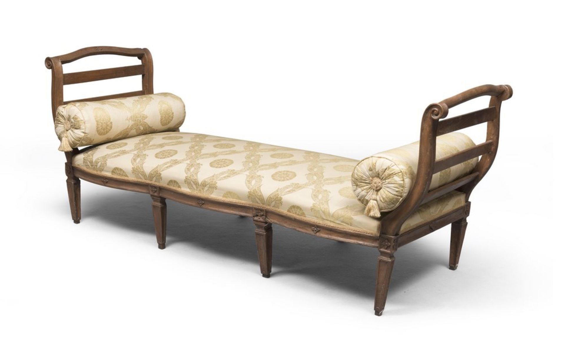 WOODEN SOFA, NORTH ITALY 18TH CENTURY with curved finishing line armrests. Tripartite hips with