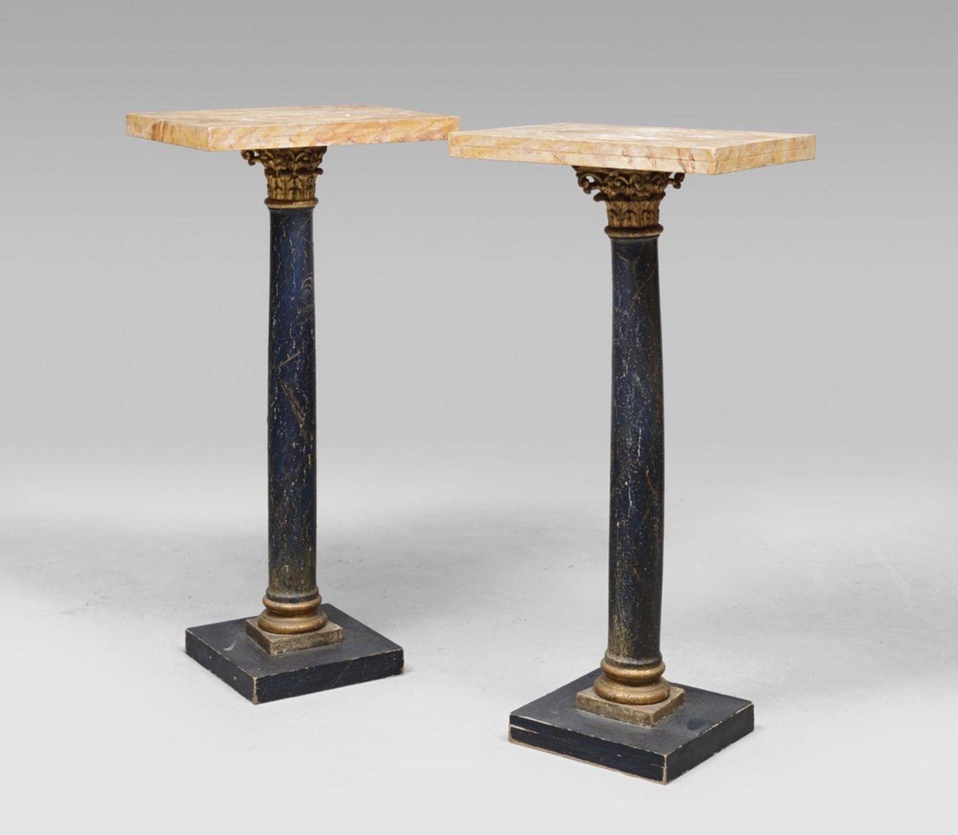 A PAIR OF COLUMN ADAPTED AS PEDESTAL, 17TH CENTURY in black and gold lacquer with Corinthian