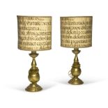 Pair of bronze candlesticks, 20th century With spools and lampshades in ancient parchment.