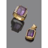 PARURE OF RING AND PENDANT in yellow gold 18 kt., with amethyst. Ring with diamonds. Pendant size