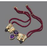 MORONI NECKLACE with two strands of ruby, with 18 kt yellow gold clasp, embellished with central