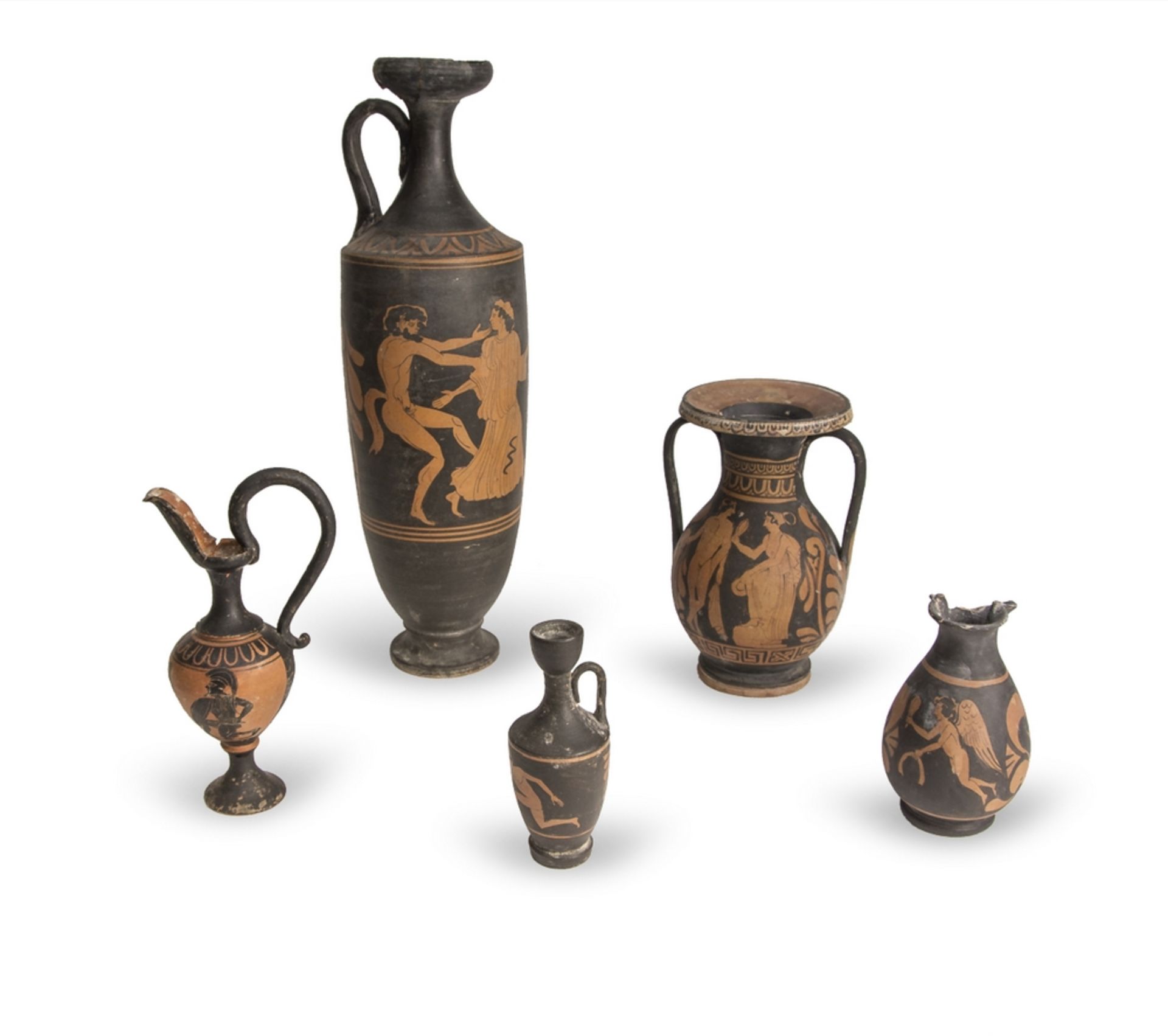 FIVE REPRODUCTIONS OF VASES WITH RED FIGURES, 20TH CENTURY