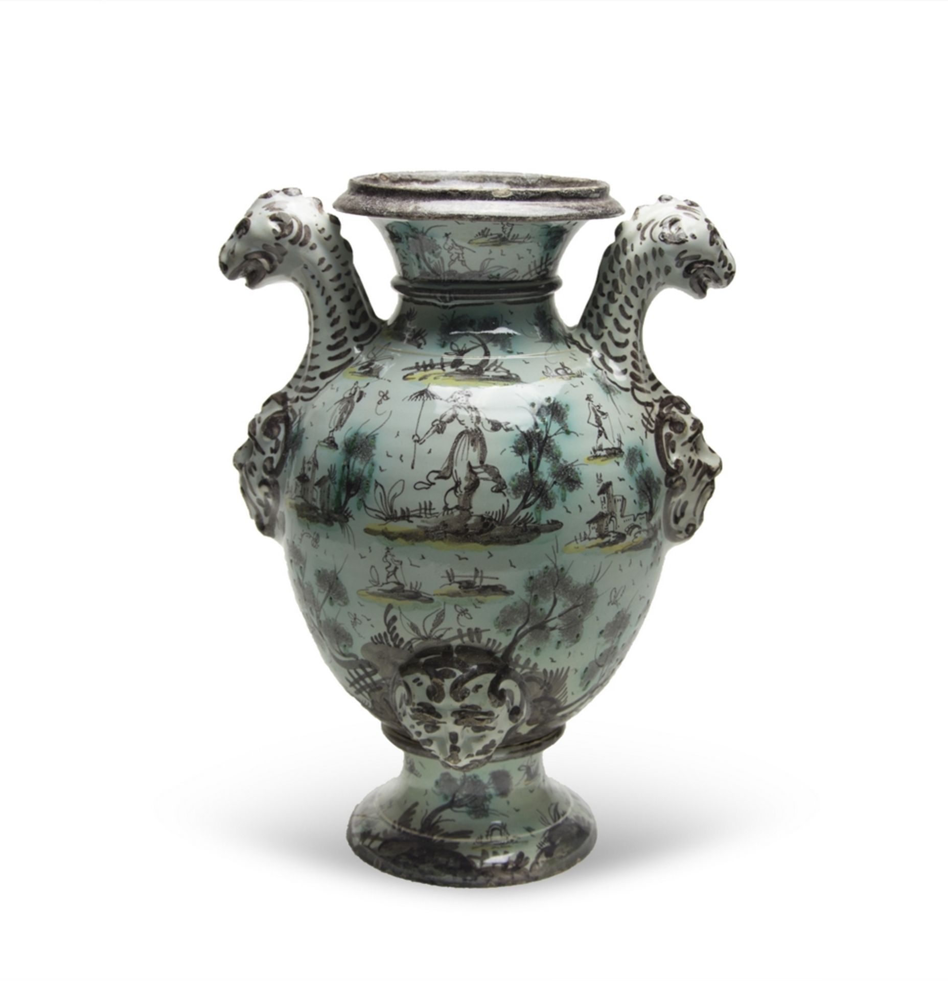 BEAUTIFUL VASE, EARTHENWARE, SAVONA EARLY 19TH CENTURY in monochrome green and Brown, with