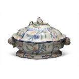 Beautiful majolica tureen, probably France, late 18th century With white and polychromatic enamel,