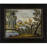 FOUR MAJOLICA TILES, CASTELLI 19TH CENTURY enamelled polychromes, depicting landscapes with castles,