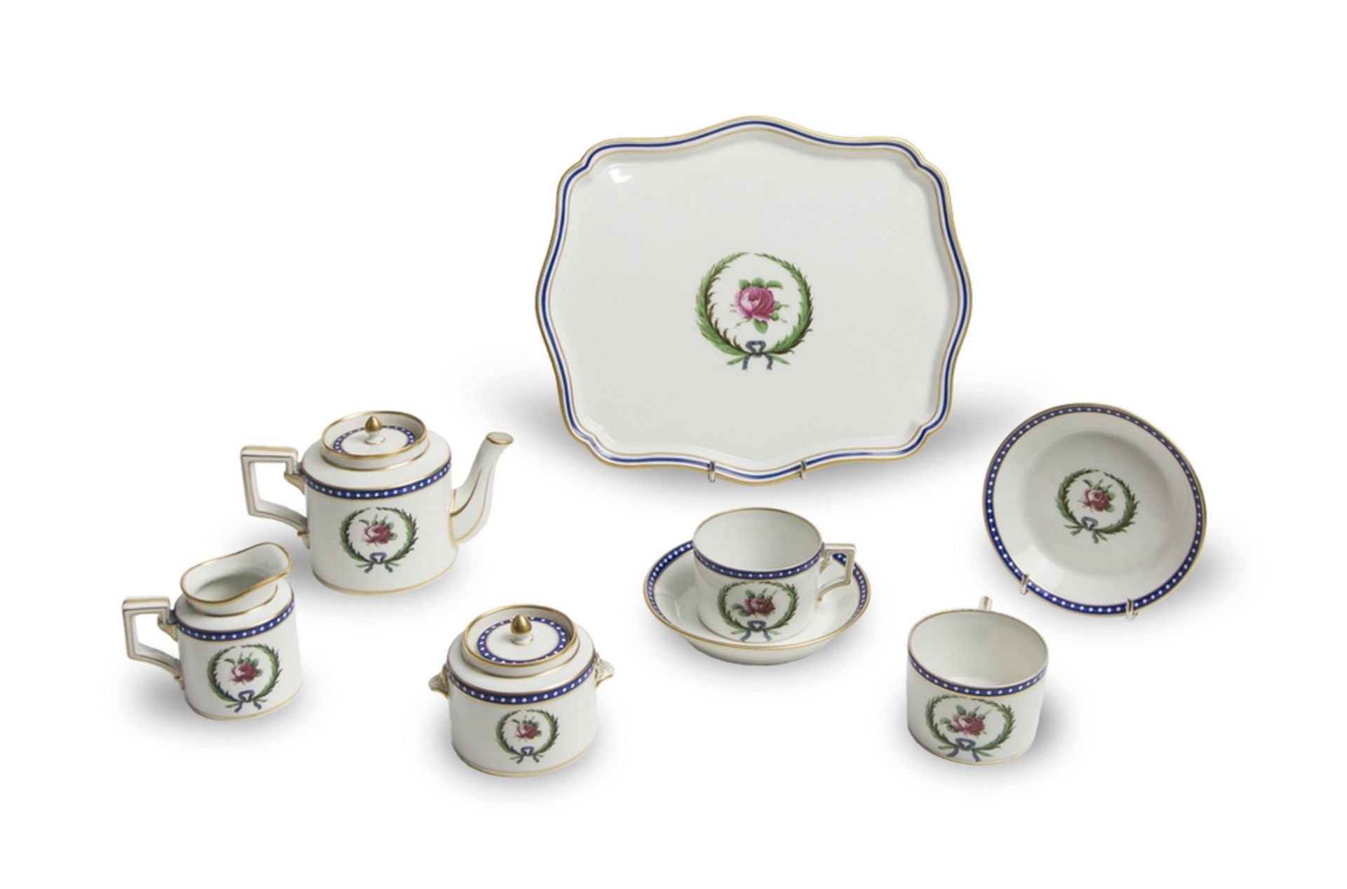 TEA SERVICE IN PORCELAIN, RICHARD GINORI EARLY 20TH CENTURY in white, cobalt and gold enamel with