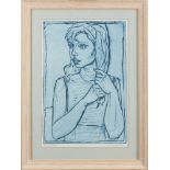 Amen (XX) Blue Portrait of Girl - Aviva, linocut, signed and numbered 14/90, 22" x 14".