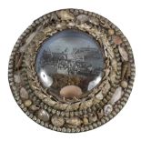 2 circular frames, applied with shells, the central prints scenes of Brighton, diameters 8" and 6".