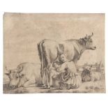 Panius Potter (1625-1654) The Milk Maid and the Cow, engraving, 8" x 10".