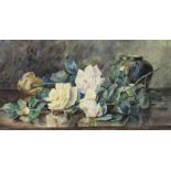 Amy Cross (1856-1939): a still life of roses and a Ruskin vase, watercolour, 28 by 52cm.